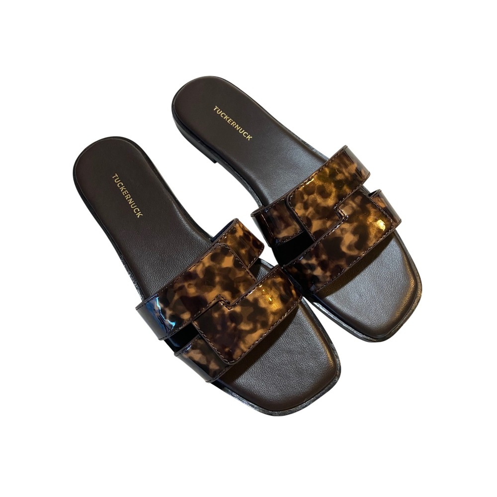 Tuckernuck Womens Tortoise Shell Patent H-Strap Slide Sandals Brown 10
